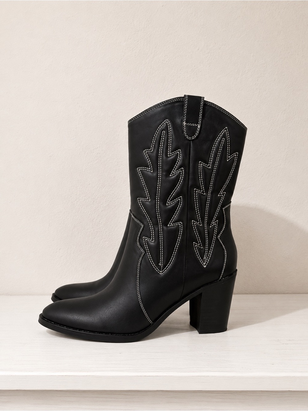 MIA Black Western Stitch Detail Mid Calf Block Heel Cowgirl Festival Boho Boots